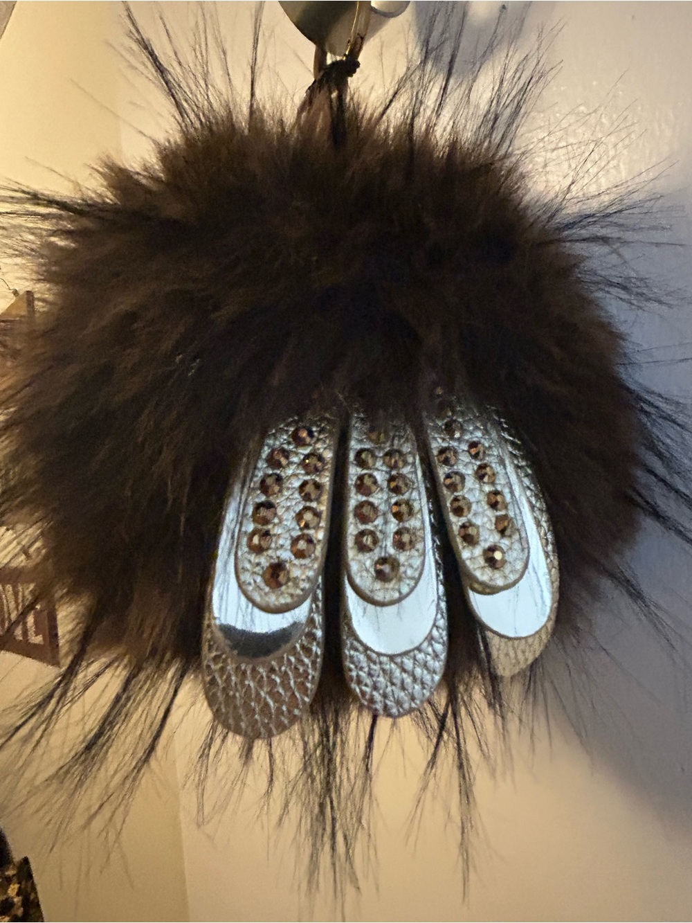 Kurt Geiger Brown Furry Pom-Pom Keychain with Gold-Tone Crystal Accents - Picture 3 of 12